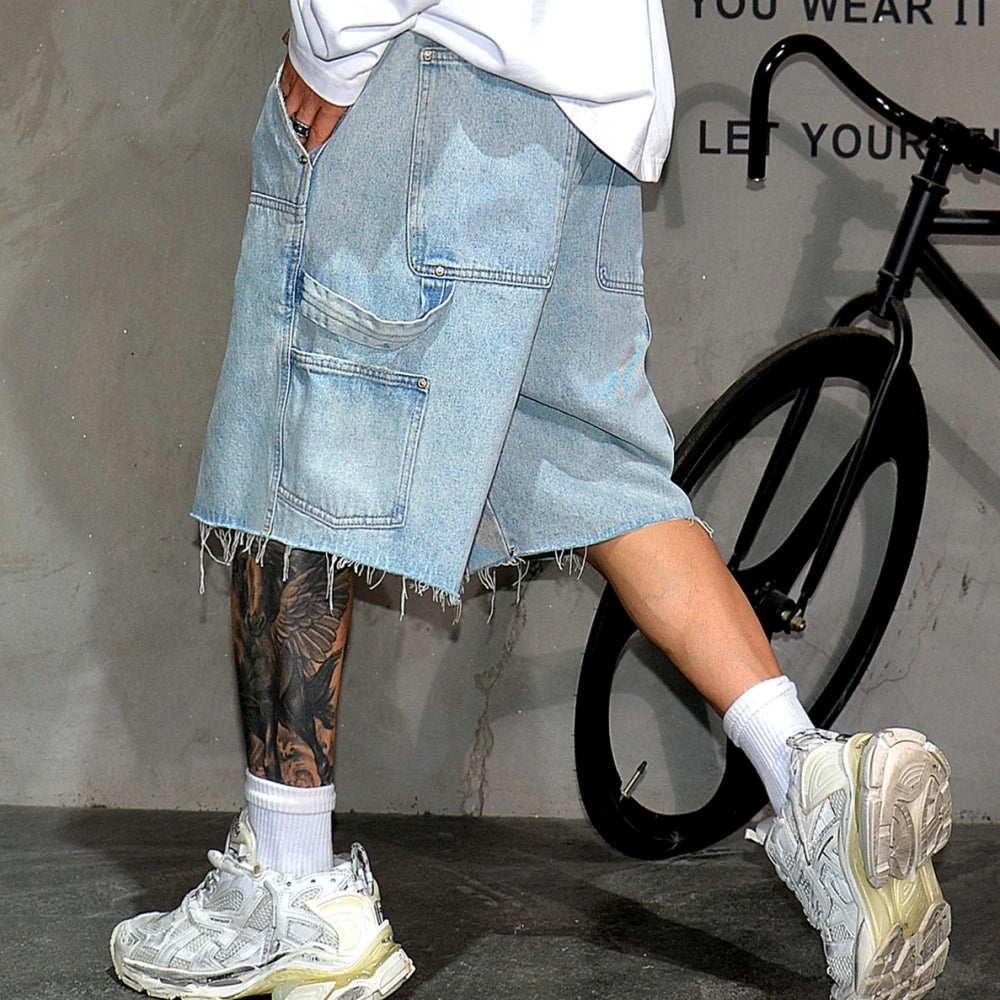 American Workwear Denim Shorts Men 5 Inch Blue Hip Hop Streetwear Summer Outdoor High Quality Raw Edge Vintage Heavyweight Jorts