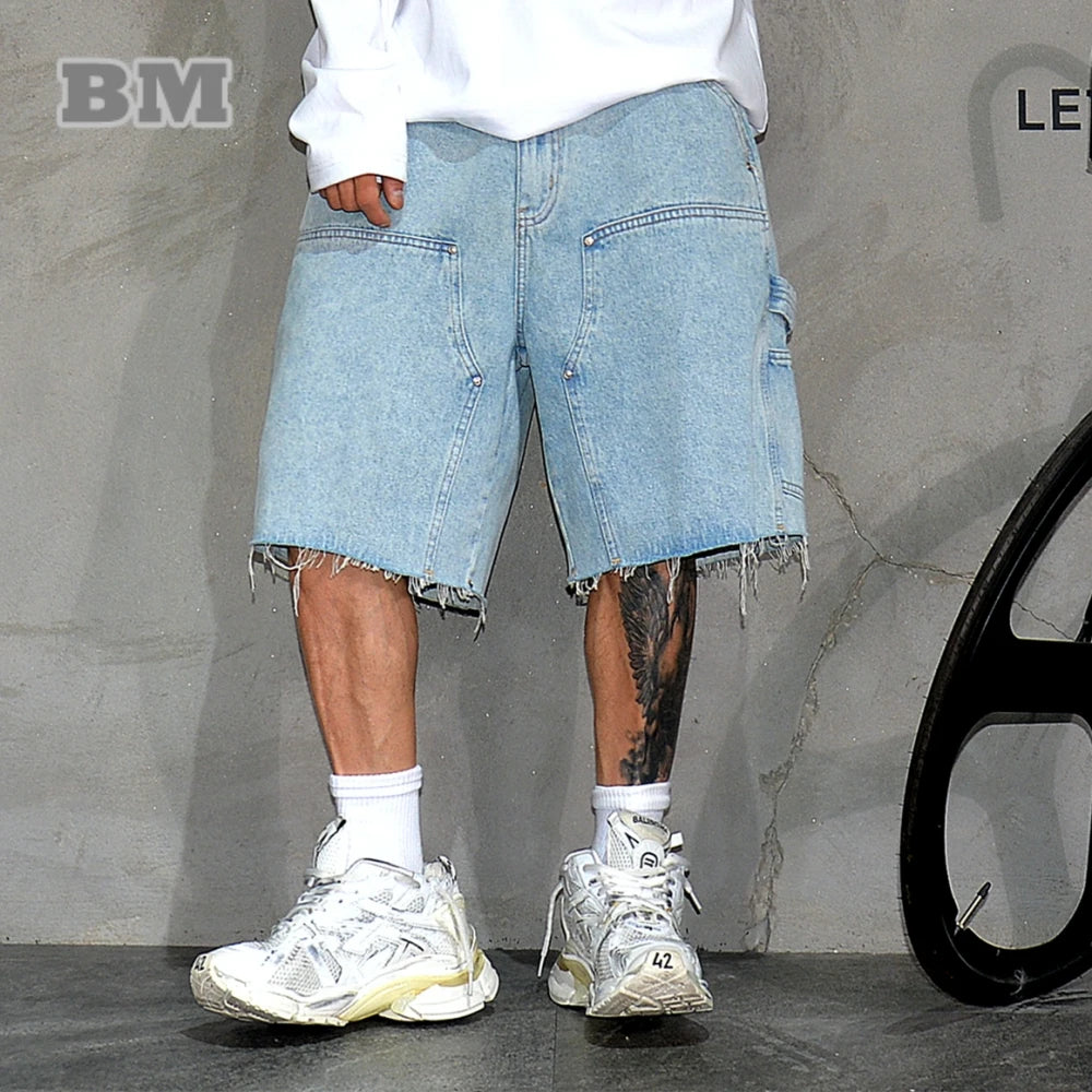 American Workwear Denim Shorts Men 5 Inch Blue Hip Hop Streetwear Summer Outdoor High Quality Raw Edge Vintage Heavyweight Jorts