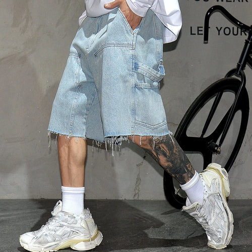 American Workwear Denim Shorts Men 5 Inch Blue Hip Hop Streetwear Summer Outdoor High Quality Raw Edge Vintage Heavyweight Jorts