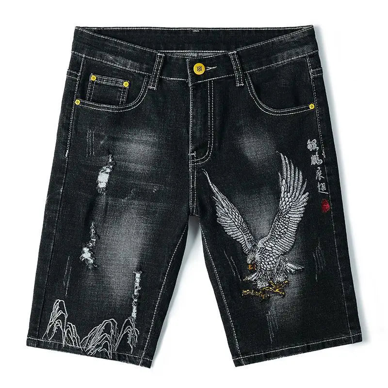 Male Denim Shorts Embroidery Men's Short Jeans Pants Black Slim Ripped Rude Xl Streetwear Luxury Thin Jorts Korean Fashion