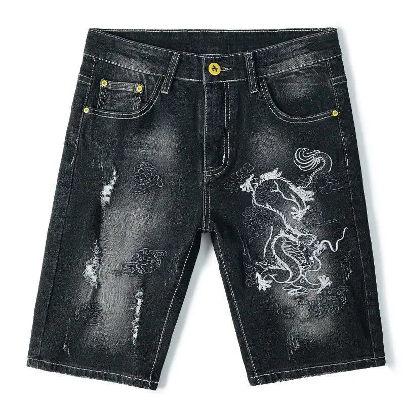Male Denim Shorts Embroidery Men's Short Jeans Pants Black Slim Ripped Rude Xl Streetwear Luxury Thin Jorts Korean Fashion