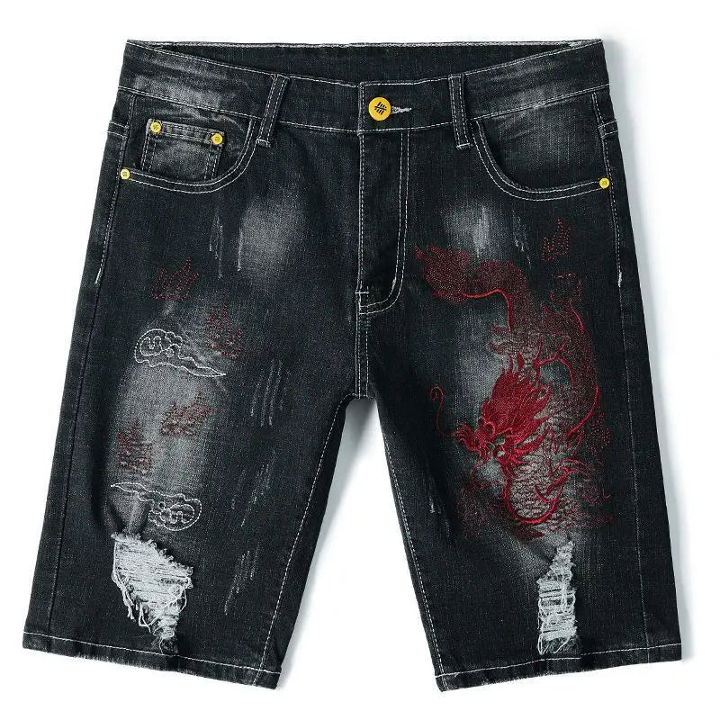 Male Denim Shorts Embroidery Men's Short Jeans Pants Black Slim Ripped Rude Xl Streetwear Luxury Thin Jorts Korean Fashion