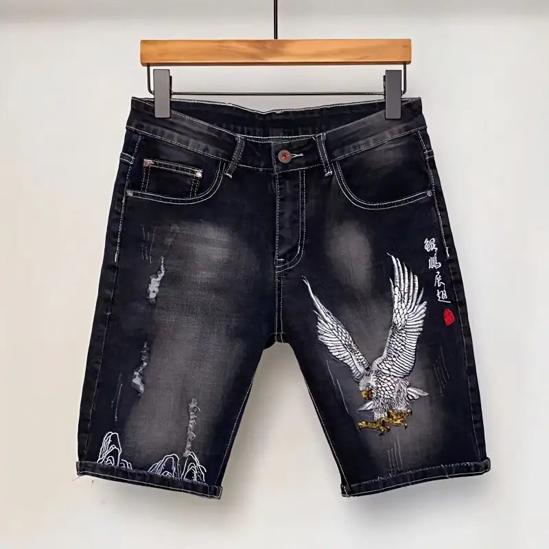 Male Denim Shorts Embroidery Men's Short Jeans Pants Black Slim Ripped Rude Xl Streetwear Luxury Thin Jorts Korean Fashion