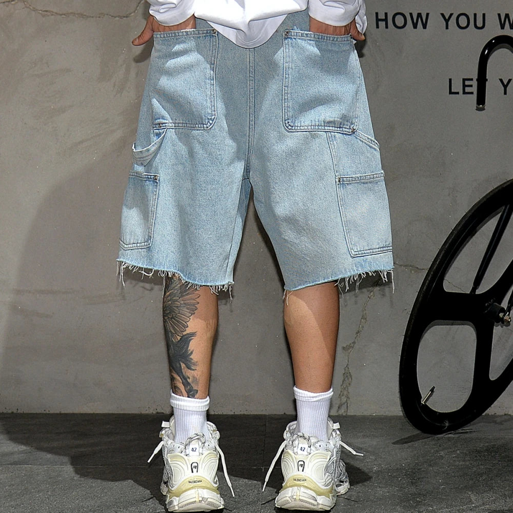 American Workwear Denim Shorts Men 5 Inch Blue Hip Hop Streetwear Summer Outdoor High Quality Raw Edge Vintage Heavyweight Jorts