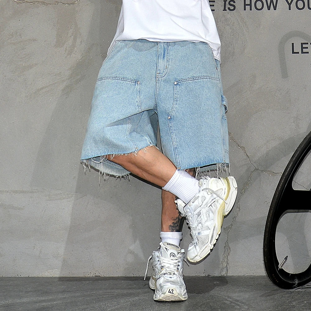American Workwear Denim Shorts Men 5 Inch Blue Hip Hop Streetwear Summer Outdoor High Quality Raw Edge Vintage Heavyweight Jorts