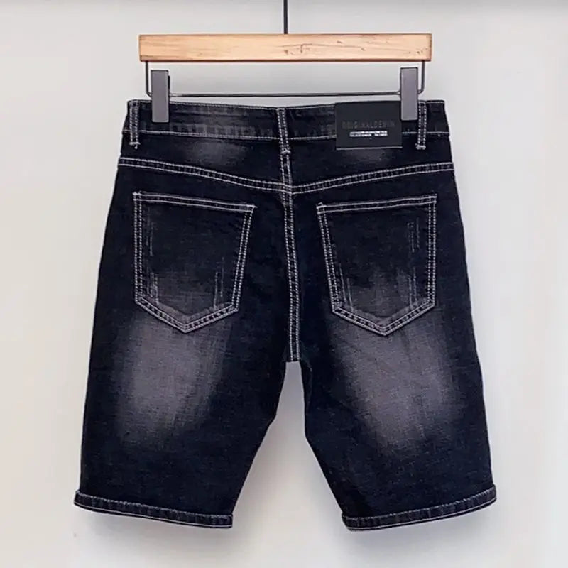 Male Denim Shorts Embroidery Men's Short Jeans Pants Black Slim Ripped Rude Xl Streetwear Luxury Thin Jorts Korean Fashion